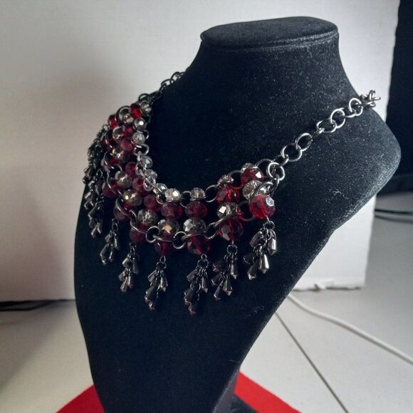Erica Lyons Statement Red and Clear Beaded Necklace - Picture 2 of 9